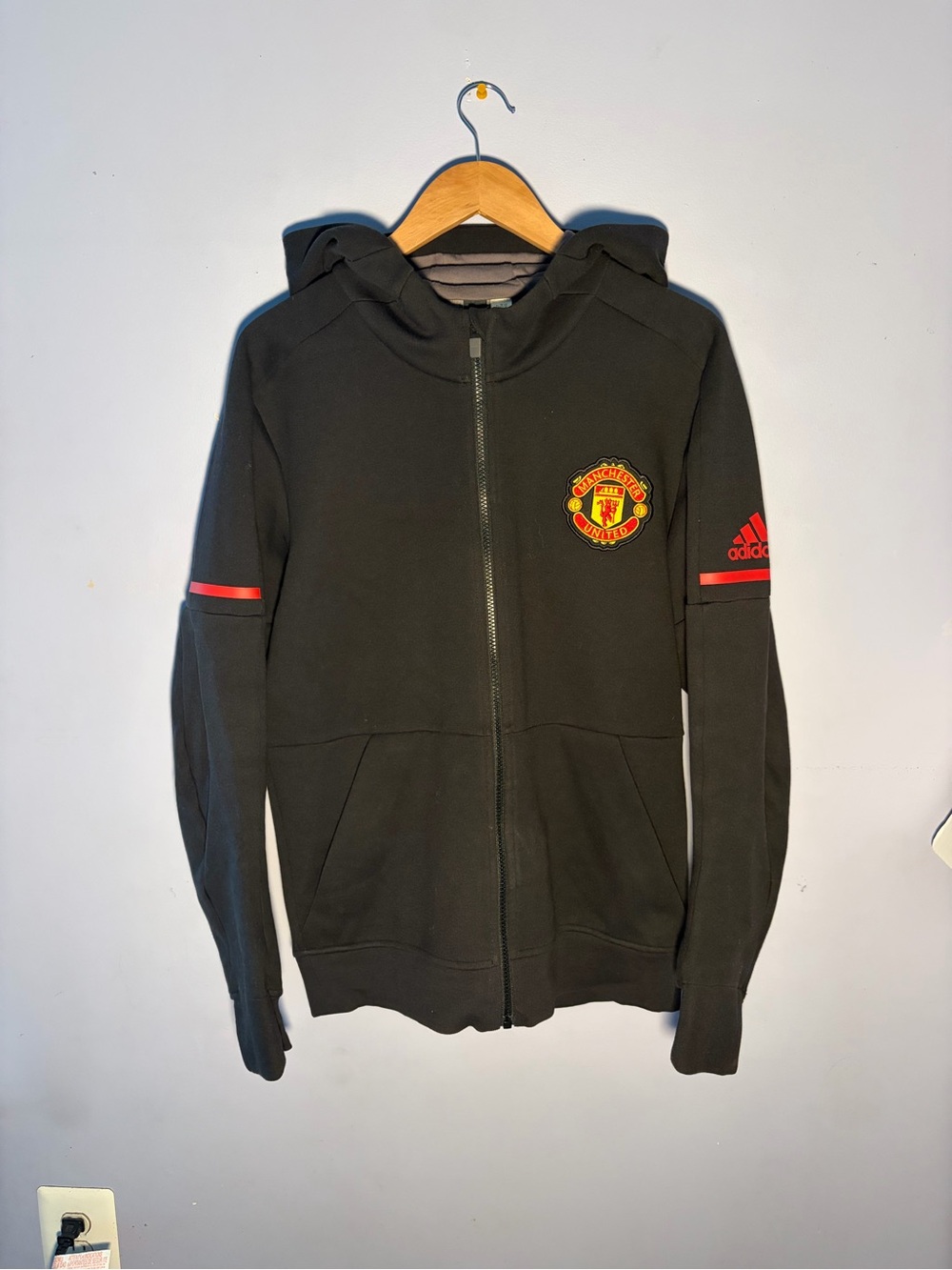 adidas Black Manchester United Zip-Up Hoodie with Red Accents